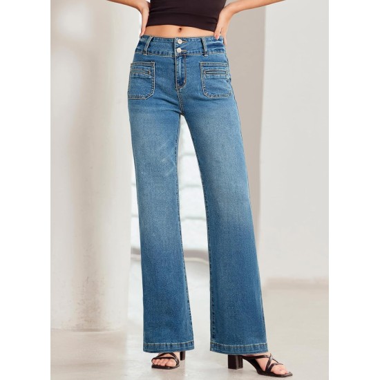 Sidefeel Women's Wide Leg Jeans High Waisted Tummy Control Stretchy Pockets Front Straight Leg Jeans
