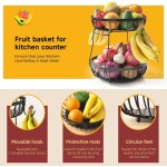 2 Tier Large Fruit Basket for Kitchen Counter with 2 Banana Hangers, Metal Stackable Fruit Bowl for Kitchen Counter for Bread Vegetable Fruits, Black