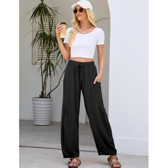 Duyang Women Linen Wide Leg Pants Casual Summer Palazzo Pants Beach Vacation Outfits Flowy Loose Trousers with Pockets