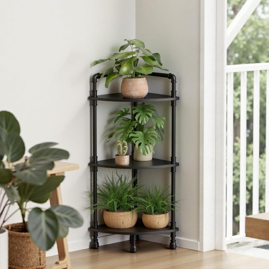 Aduanbang Fun Memories 3-Tier Corner Shelf Stand, Grey Storage Bookshelf for Bathroom, Living Room, Kitchen, Home Office