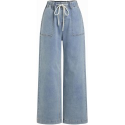 CIDER Womens Drawstring Baggy Wide Leg Jeans High Elastic Waist Boyfriend Jeans with Deep Pockets Trendy Denim Pants