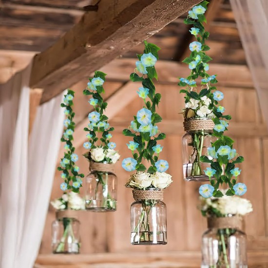 CISDUEO 2 Pcs Artificial Vines for Outdoors Silk Morning Glory Vines 15Feet Hanging Plants Blue Flowers Garland Fake Green Plant Morning Glories for Home Decor Wall Fence Wedding Hanging Baskets