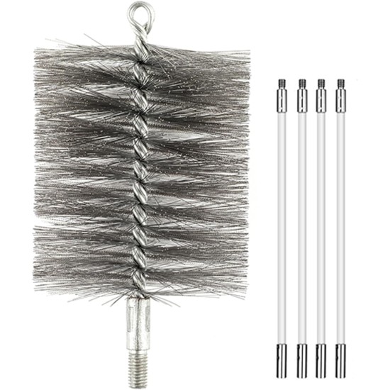 50-inch Long Tent Wood Burning Stove Pipe Cleaning Brush with Stainless Steel Bristles, and Chimney Cleaning Wire Brush with 4 Flexible Rods, 2.5'' Brush Heads