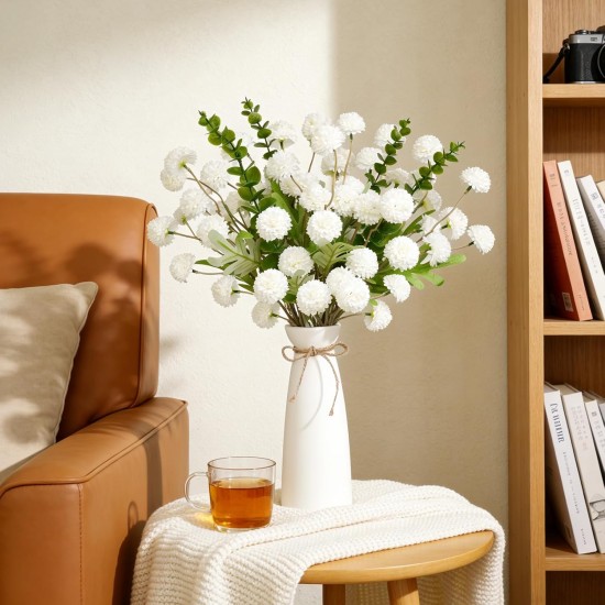 12pcs White Artificial Flowers with White Ceramic Vase Included,Fake Flowers in Vase,Table Centerpieces for Dining Room Eucalyptus Faux Chrysanthemum Mums Silk Flowers Floral Arrangements Home Decor