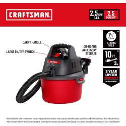 CRAFTSMAN CMXEVBE17250 2.5 Gallon 2.5 Peak HP Wet Dry Vac, Portable Shop Vacuum Wet and Dry with Filter Bag, Hose and Attachments for Cleaning in the Home
