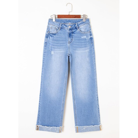 Sidefeel Women's Wide Leg Jeans High Waisted Stretchy Distressed Straight Leg Folded Hem Loose Denim Pants