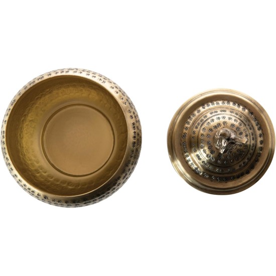 Round Hammered Metal Container with Rabbit Finial, Brass Finish