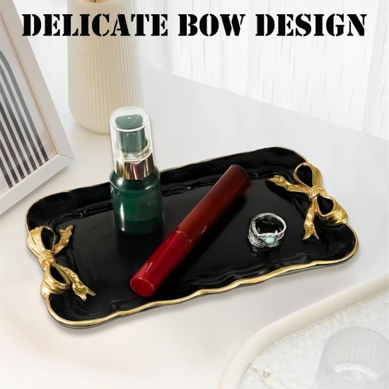 Vintage Decorative Tray Jewelry Tray Towel Tray Storage Tray Rings Necklace Bracelets Earrings Trays Cosmetics Jewelry Organizer Retro Design Bow Decor Resin Plate Coquette Room Decor (Black)