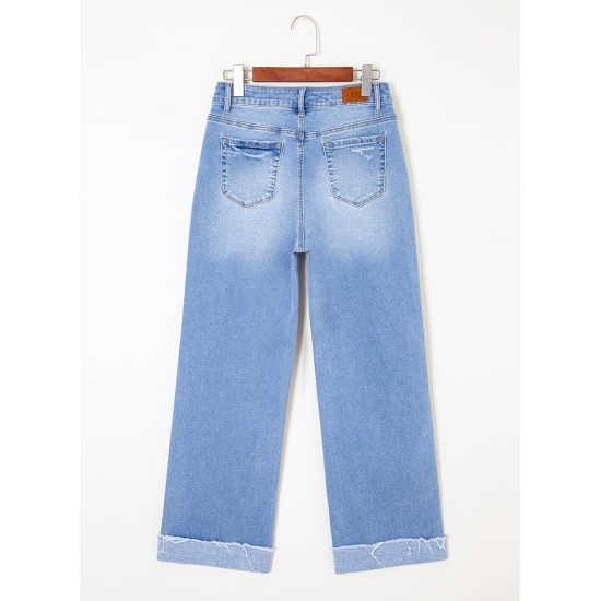 Sidefeel Women's Wide Leg Jeans High Waisted Stretchy Distressed Straight Leg Folded Hem Loose Denim Pants