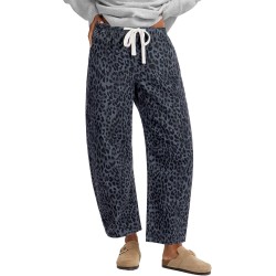 GRAPENT Barrel Jeans for Women Trendy High Waisted Pull On Wide Leg Cropped Leopard Cheetah Print Stretchy Denim Pants