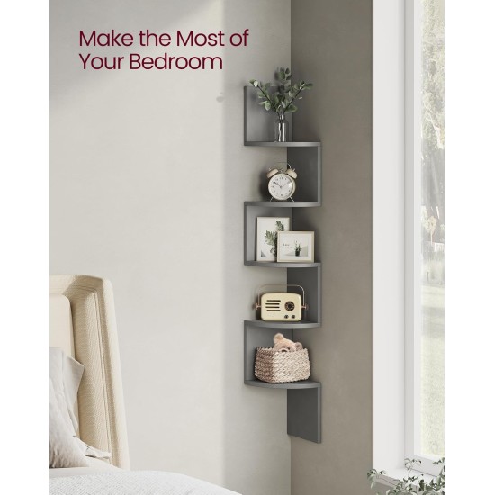 VASAGLE Corner Shelf Wall Mount, 5-Tier Floating Corner Bookshelf, Plant Shelf for Bedroom, Living Room, Bathroom, Home Office, Dove Gray