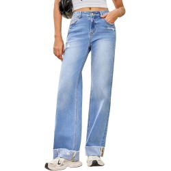 Sidefeel Women's Wide Leg Jeans High Waisted Stretchy Distressed Straight Leg Folded Hem Loose Denim Pants