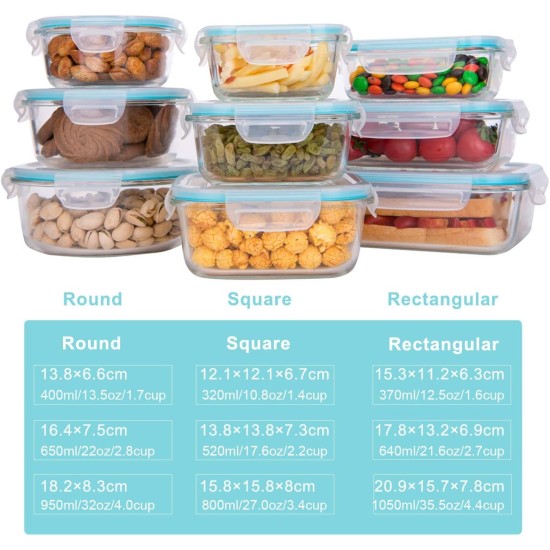 Glass Food Storage Containers with Lids, [18 Piece] Glass Meal Prep Containers, Containers for Food Storage with Lids, BPA Free & Leak Proof (9 Lid & 9 Container)