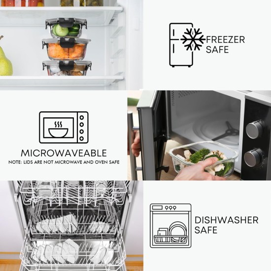 Razab 30 PC Glass Food Storage Containers with Lids - Reusable Glass Meal Prep Containers for Lunch and Leftovers - Airtight & Leakproof Snap Locking Lids - Oven, Freezer, Microwave, Dishwasher Safe