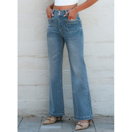 Sidefeel Women's Wide Leg Jeans High Waisted Tummy Control Stretchy Pockets Front Straight Leg Jeans