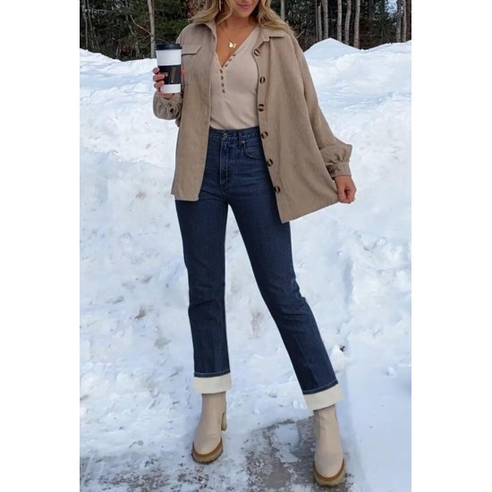 KDF Women's Fleece Lined Jeans Women Straight Leg Winter Fleece Lined Pants High Waist Lined Jeans Heated Wide Leg Jeans