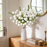 12pcs White Artificial Flowers with White Ceramic Vase Included,Fake Flowers in Vase,Table Centerpieces for Dining Room Eucalyptus Faux Chrysanthemum Mums Silk Flowers Floral Arrangements Home Decor