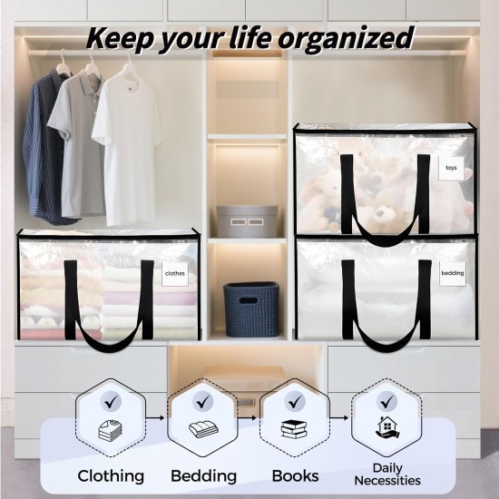 8 Pack Extra Large Heavy Duty Moving Bags, Clear Storage Bins with Lids, Reinforced Handles & Heavy-Duty Zippers Moving Boxes Storage Bags Totes for Clothes Packing, Dorms, College Supplies, Clear