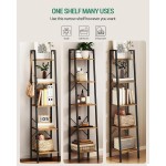 Ladder Shelf, Bookshelf Bookcase, Freestanding Corner Storage Shelve with 2 Hooks for Home Office, Living Room, Kitchen, Bedroom, Industrial, 11.8" D x 13.4" W x 63" H, Rustic Brown BC03201B