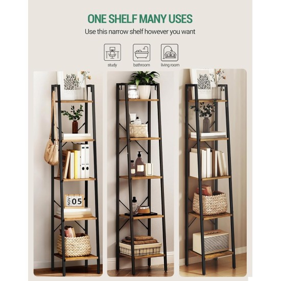 Ladder Shelf, Bookshelf Bookcase, Freestanding Corner Storage Shelve with 2 Hooks for Home Office, Living Room, Kitchen, Bedroom, Industrial, 11.8" D x 13.4" W x 63" H, Rustic Brown BC03201B