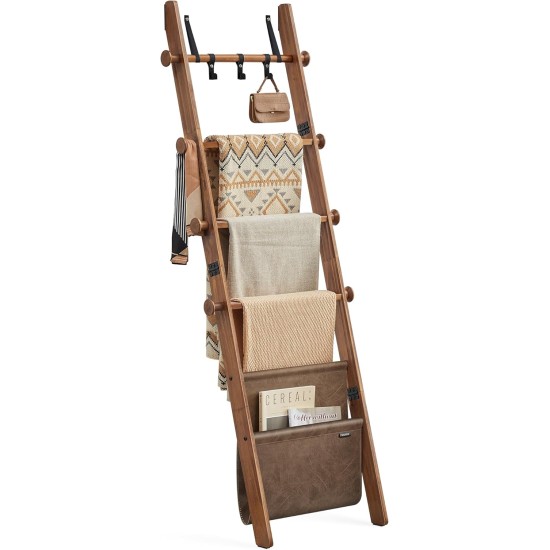 VASAGLE Blanket Ladder for Living Room, 5-Tier Wooden Ladder Shelf, Decorative Farmhouse Blanket Rack with Synthetic Leather Bag, Metal Hooks, Side Hooks, for Bedroom, Caramel Brown ULLS022K01