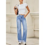 Sidefeel Women's Wide Leg Jeans High Waisted Stretchy Distressed Straight Leg Folded Hem Loose Denim Pants