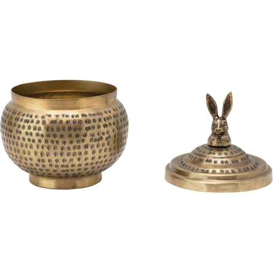 Round Hammered Metal Container with Rabbit Finial, Brass Finish
