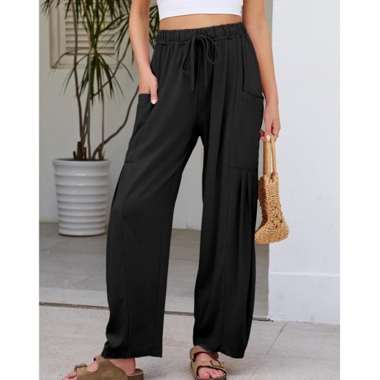 Duyang Women Linen Wide Leg Pants Casual Summer Palazzo Pants Beach Vacation Outfits Flowy Loose Trousers with Pockets