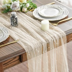 Artoid Mode 10PCS Pearl Beige Gauze Table Runner 120 Inch 10FT, Seasonal Sheer Dining Holiday Wedding Birthday Baby Shower Table Decor for Home Party