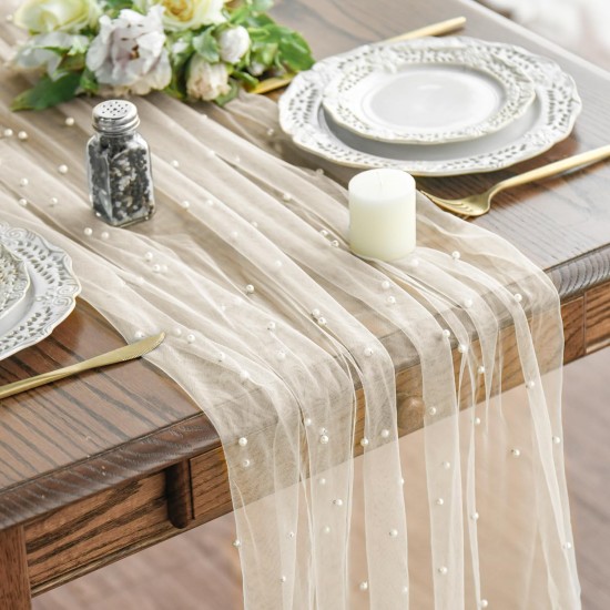 Artoid Mode 10PCS Pearl Beige Gauze Table Runner 120 Inch 10FT, Seasonal Sheer Dining Holiday Wedding Birthday Baby Shower Table Decor for Home Party Artoid Mode 10PCS Pearl Beige Gauze Table Runner 120 Inch 10FT, Seasonal Sheer Dining Holiday Wedding Birthday Baby Shower Table Decor for Home Party