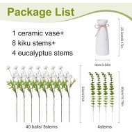 12pcs White Artificial Flowers with White Ceramic Vase Included,Fake Flowers in Vase,Table Centerpieces for Dining Room Eucalyptus Faux Chrysanthemum Mums Silk Flowers Floral Arrangements Home Decor