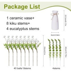 12pcs White Artificial Flowers with White Ceramic Vase Included,Fake Flowers in Vase,Table Centerpieces for Dining Room Eucalyptus Faux Chrysanthemum Mums Silk Flowers Floral Arrangements Home Decor