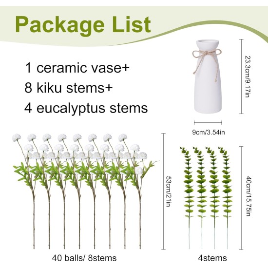 12pcs White Artificial Flowers with White Ceramic Vase Included,Fake Flowers in Vase,Table Centerpieces for Dining Room Eucalyptus Faux Chrysanthemum Mums Silk Flowers Floral Arrangements Home Decor