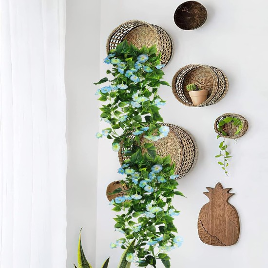 CISDUEO 2 Pcs Artificial Vines for Outdoors Silk Morning Glory Vines 15Feet Hanging Plants Blue Flowers Garland Fake Green Plant Morning Glories for Home Decor Wall Fence Wedding Hanging Baskets
