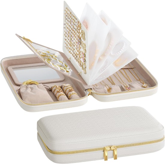 SONGMICS HOME Travel Jewelry Case, Jewelry Organizer Box with Mirror, Jewelry Pouch, Woven Embossed PU Leather, Hard Shell, Large Capacity, Gift Idea, Cloud White UJBC204W01 SONGMICS HOME Travel Jewelry Case, Jewelry Organizer Box with Mirror, Jewelry Pouch, Woven Embossed PU Leather, Hard Shell, Large Capacity, Gift Idea, Cloud White UJBC204W01