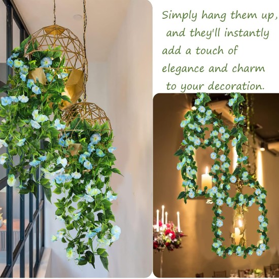 CISDUEO 2 Pcs Artificial Vines for Outdoors Silk Morning Glory Vines 15Feet Hanging Plants Blue Flowers Garland Fake Green Plant Morning Glories for Home Decor Wall Fence Wedding Hanging Baskets