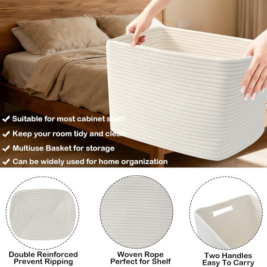 3 Pack Woven Storage Baskets for Shelves,13.5"×11"×9.5"Organizing Bins,Gift Baskets for Toys/Books/Towels/Clothes,Storage box for Nursery,Bedroom&Living Room Home Organization(White) 3 Pack Woven Storage Baskets for Shelves,13.5"×11"×9.5"Organizing Bins,Gift Baskets for Toys/Books/Towels/Clothes,Storage box for Nursery,Bedroom&Living Room Home Organization(White)