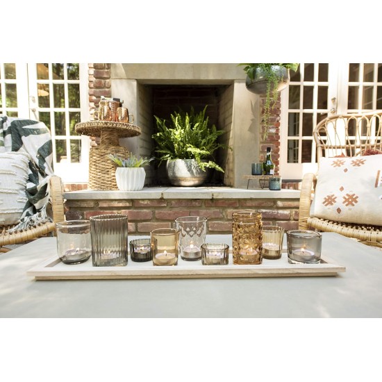 Wood Tray with 9 Brown Glass Votive Holders (Set of 10 Pieces)
