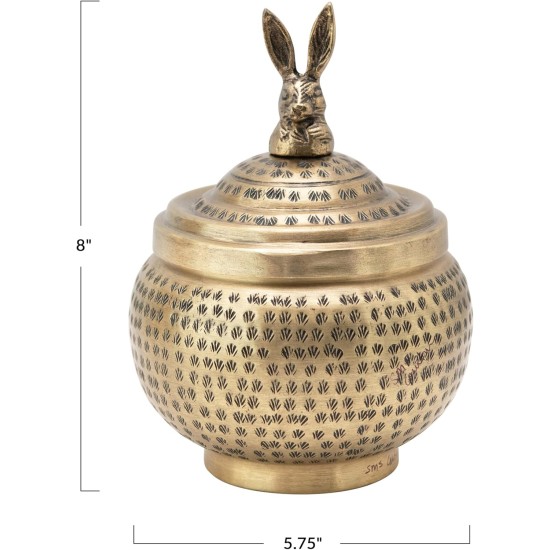 Round Hammered Metal Container with Rabbit Finial, Brass Finish