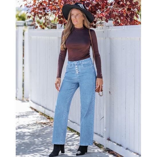 GRAPENT Wide Leg Jeans for Women High Waisted Trendy Button Fly Stretchy Denim Pants Vintage Straight Leg Trouser Jeans