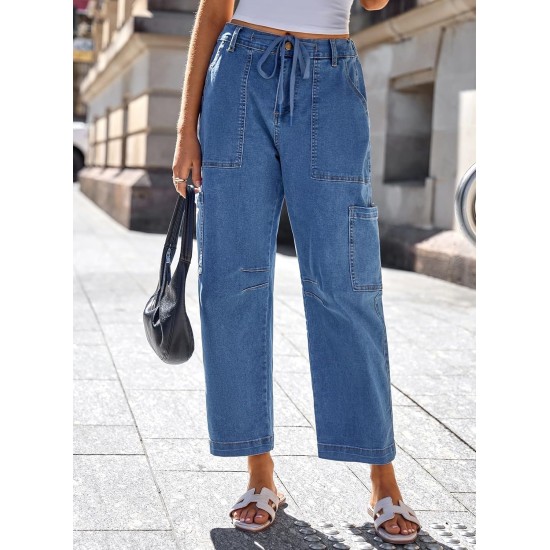 Dokotoo Jeans for Women Casual High Waisted Straight Wide Leg Pants Loose Cargo Denim Pants with Pockets