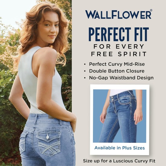 WallFlower Luscious Curvy 23.5” Mid-Rise Cropped Jeans for Women, Insta Stretch Denim Juniors Jeans