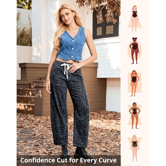 GRAPENT Barrel Jeans for Women Trendy High Waisted Pull On Wide Leg Cropped Leopard Cheetah Print Stretchy Denim Pants