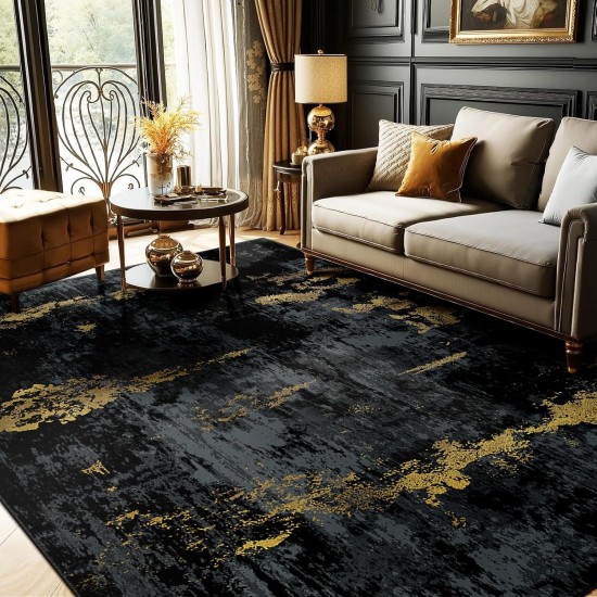 Washable Area Rugs 5'x7' Non-Slip Modern Abstract Soft for Living Room Entryway Bedroom Nursery, Print Pattern, Dark Black Gold