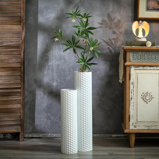 Sziqiqi White Tall Vases for Floor: 27.6/21.7in Metal Cylinder Handmade Flower Holder Extra Large Decorative Vase Set of 2 Modern Honeycomb Texture Big Standing Vase for Living Room Home Corner