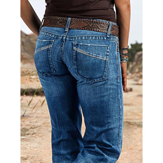 Flamingals Women's Retro Mid Rise Bootcut Flare Jeans Distressed Stitch Stretch Denim Pants Without Belt