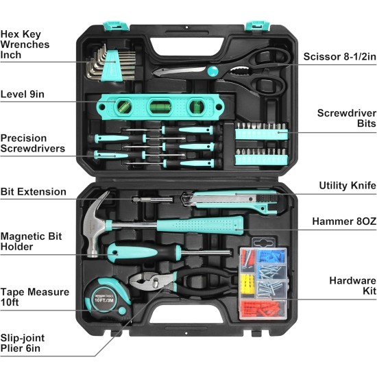 Amazon Basics 142-Piece Household Tool Kit for Home Repair, Hand Tools with Storage Case, 13.39 x 9.25 x 2.95 inch, Turquoise