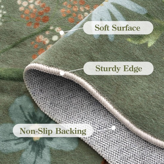 Lahome Floral Runners for Hallways, 2X6 Kitchen Runner Rug Ultra-Thin Soft, Non-Slip Hallway Rug Stain Resistant Boho Low-Pile Carpet for ‎Laundry Bathroom Bedroom Flore (2x6ft,Green)