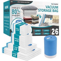 Cozy Essential Travel Vacuum Storage Bags with Rechargeable Cordless Electric Pump, Space Saver Bags for Luggage, Suitcase, Carry-On, for Clothes, Blankets, Comforters, Pillows, 26 Combo