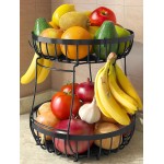 2 Tier Large Fruit Basket for Kitchen Counter with 2 Banana Hangers, Metal Stackable Fruit Bowl for Kitchen Counter for Bread Vegetable Fruits, Black